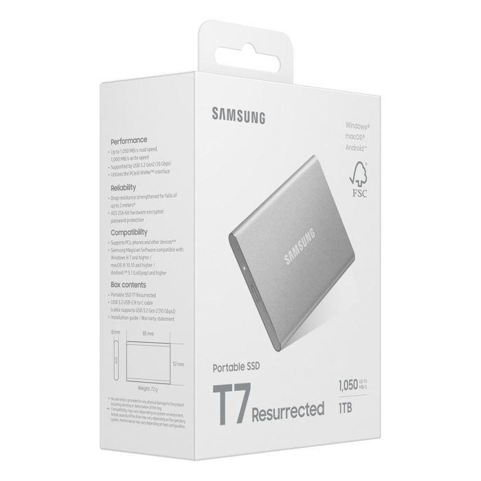 SAMSUNG Portable SSD T7 1TB USB-C 3.2 Gen 2 (10 Gbps) Externo Aluminio Plata - MU-PD1T0G/WW