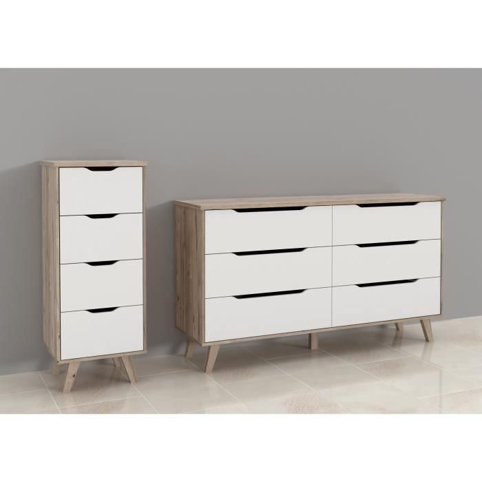 VANKKA Cómoda 4 Cajones - Acabado Roble y Blanco - L 45 x P 42 x H 108 cm - Con Patas 3 VANKKA Cómoda 4 Cajones - Acabado Roble y Blanco - L 45 x P 42 x H 108 cm - Con Patas 3