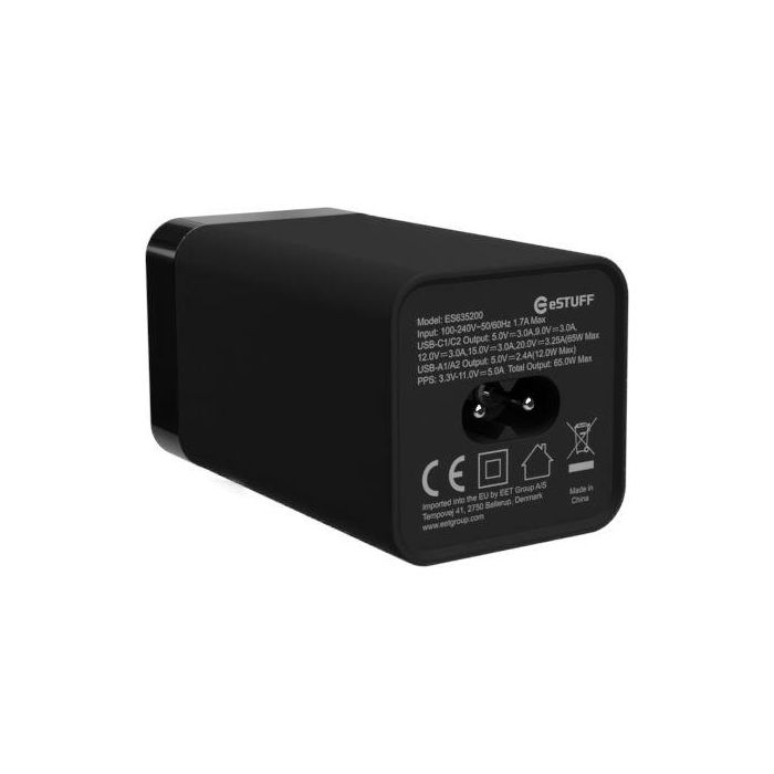 eSTUFF Cargador Multi PD GaN 65W 4 Puertos (2 USB-C + 2 USB-A) Carga Rápida 5