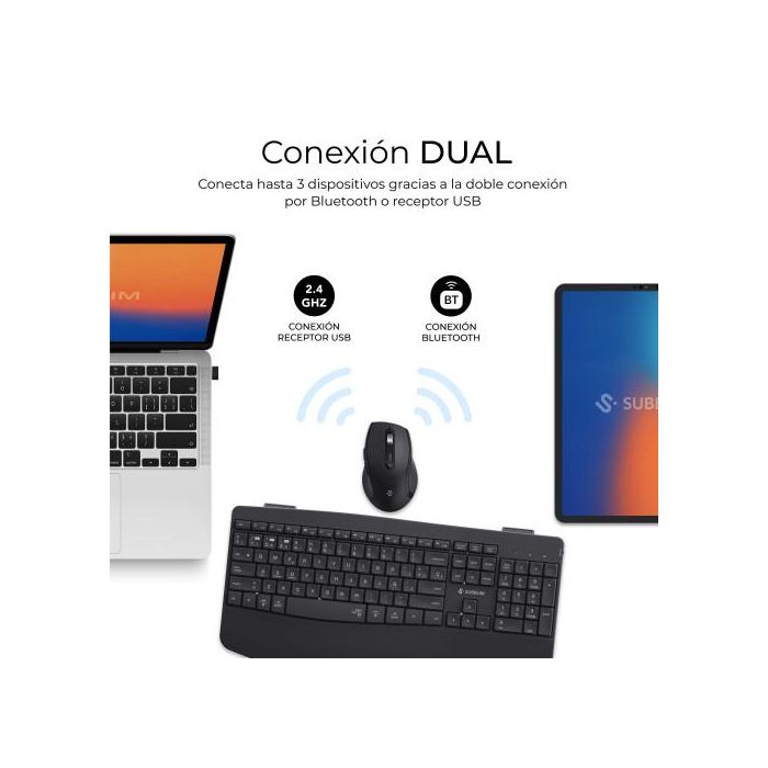 Subblim COMBO DUAL OFFICE PROWAVE BLACK - Pack Teclado y Ratón Ergonómicos Inalámbricos Multidispositivo, Bluetooth 5.3 y USB 2.4G, Recargables, Negro 1