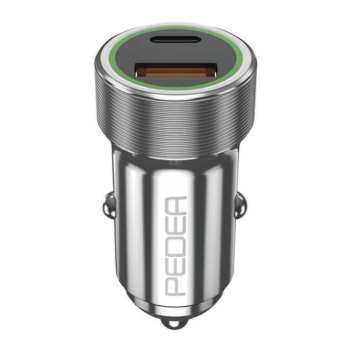 PEDEA 60040110 Cargador de Coche 20W USB-C PD (12V/24V) - Cargador Rápido con Puerto USB-C y USB-A Plata