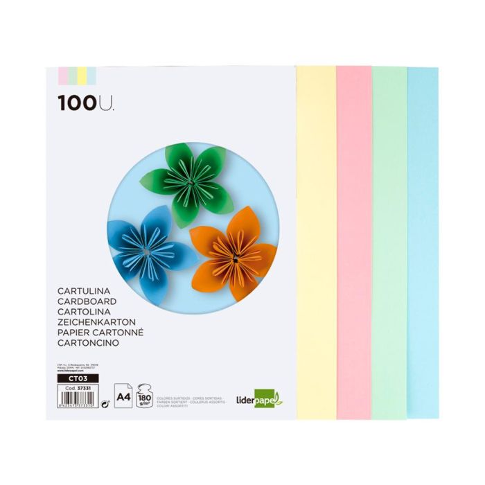 Cartulina Liderpapel A4 180 gr-M2 4 Colores Surtidos Paquete De 100 Hojas 2