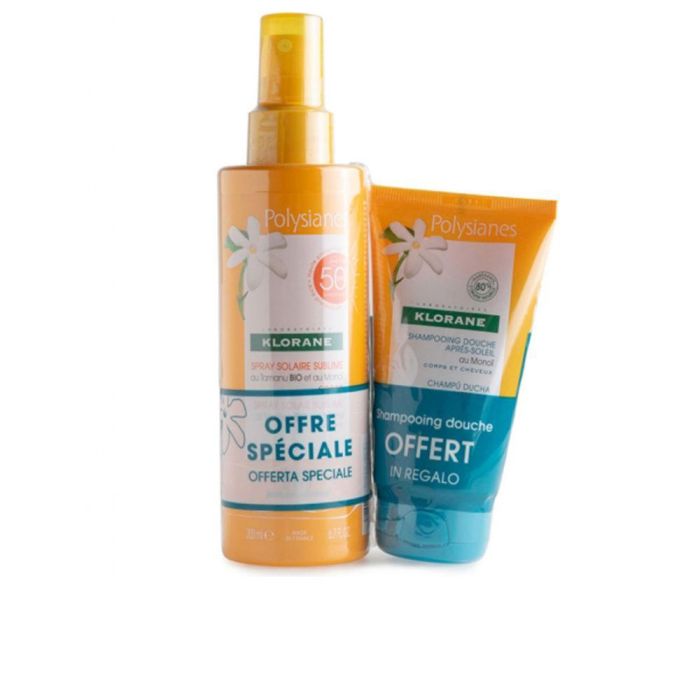 Klorane Spray Solar SPF50+ Monoï y Tamanu BIO. Lote 2pz: Solar Corporal 200ml + Champú After Sun 75ml. Hidratante.