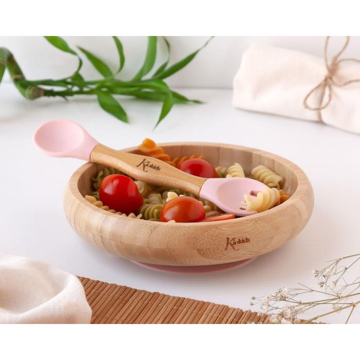 Set Vajilla Silicona Y Bambú Rosa Con Cuchara-Tenedor Set Vajilla Silicona Y Bambú Rosa Con Cuchara-Tenedor