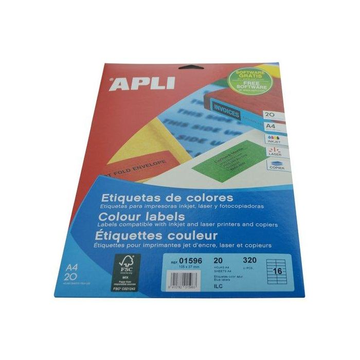 Etiquetas Adh.Impr.Apli A4 Color Azul C.Rectos Blister 20H 105X37 Mm 320 Uds.(01596)