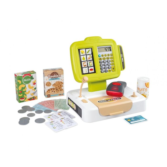 Smoby SMO1686523551185 Juguete Caja registradora Infantil con 30 accesorios, Calculadora y Escáner con sonido y luz, +3 años
