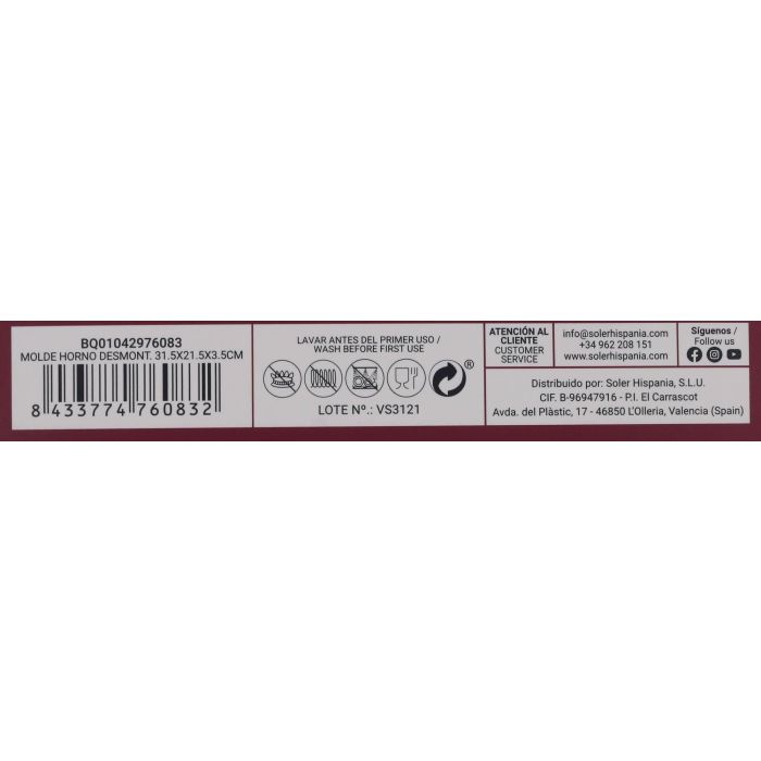 Molde para horno desmontable Quttin 31.5 x 21.5 x 3.5 cm (6 Unidades) 12 Molde para horno desmontable Quttin 31.5 x 21.5 x 3.5 cm (6 Unidades) 12