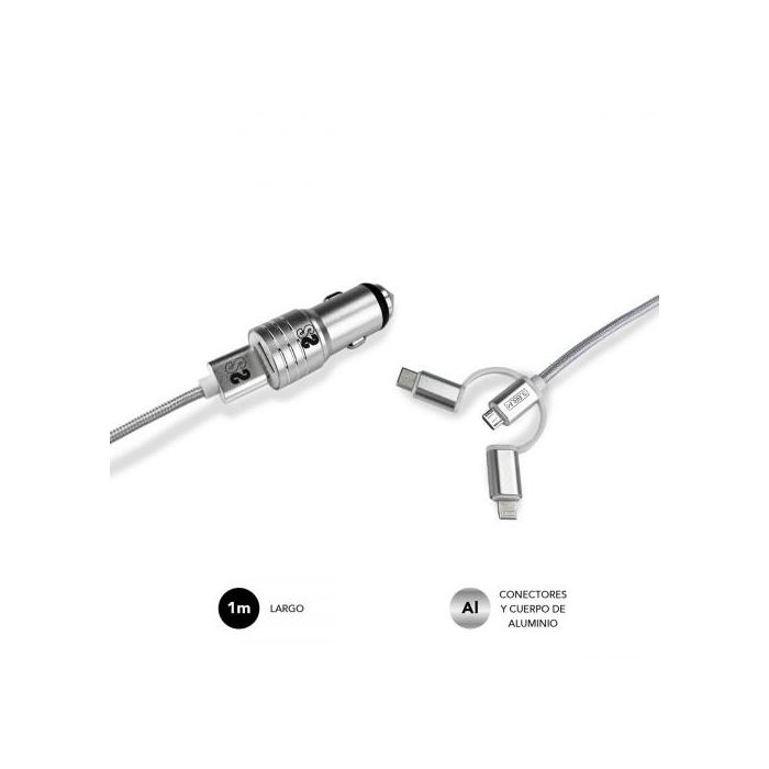 SUBBLIM Cargador coche Dual Alum 2.4A + Cable 3 in1 Silver 3