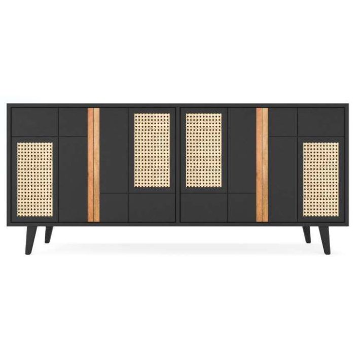 DKD Home Decor Buffet Negro y Natural de Madera de Mango y Ratán con Patas de Metal, 4 Puertas, 2 Estanterías, 160x40x90 cm