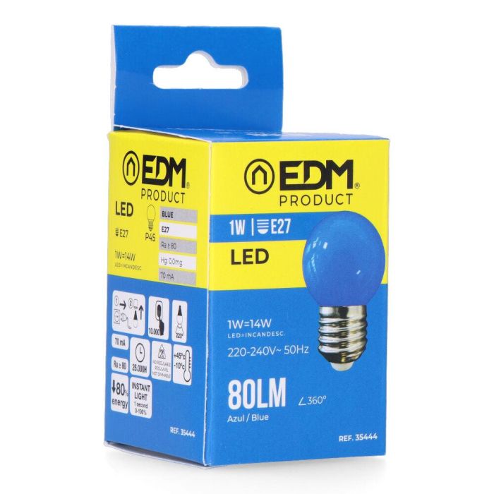 Bombilla esferica led e27 1 W 80 lm luz azul ø45 x 69 mm 2 Bombilla esferica led e27 1 W 80 lm luz azul ø45 x 69 mm 2