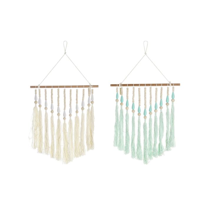 DKD Home Decor Colgante Decorativo Boho Crema y Verde Menta, Madera y Algodón, 62x35cm, Set de 4 Unidades Surtidas