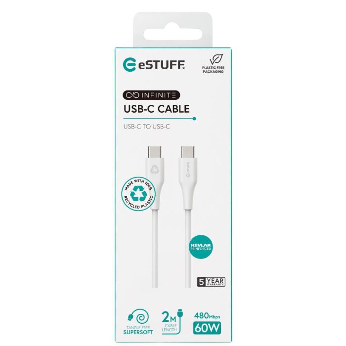 eSTUFF INFINITE Super Soft USB-C to USB-C Cable 2m - 100% Recycled PVC Free Plastic 3 eSTUFF INFINITE Super Soft USB-C to USB-C Cable 2m - 100% Recycled PVC Free Plastic 3