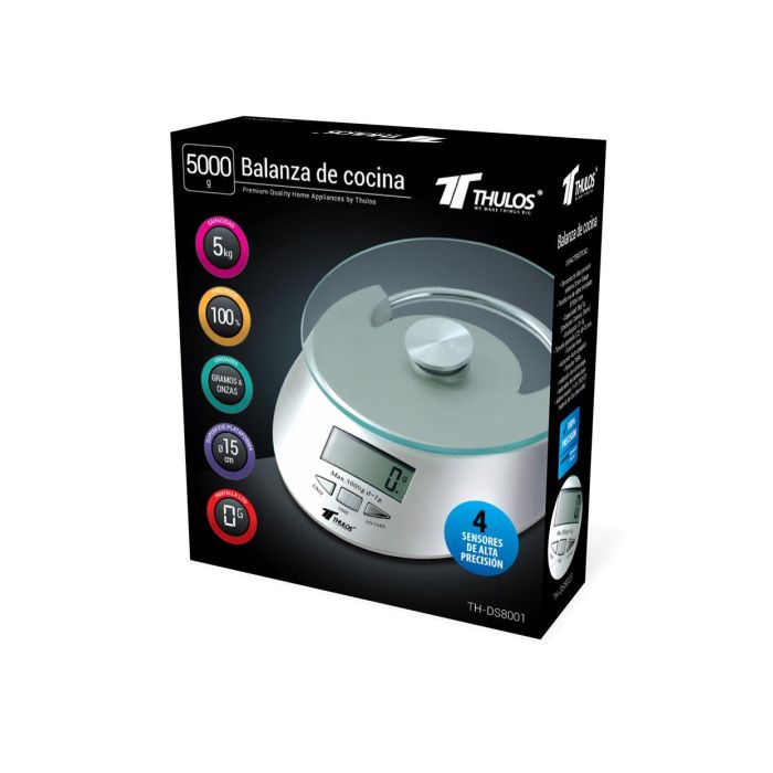 Thulos Báscula Cocina Digital TH-DS8001, 5Kg, Vidrio Templado, Función TARA, Auto Apagado 1