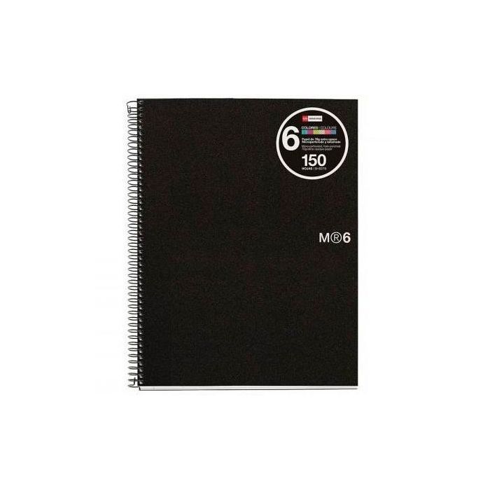 Miquelrius Cuaderno Espiral 150H A4 5x5 mm 70 gr 4 Taladros Microperforado 6 Bandas Color Tapa Pp Negro