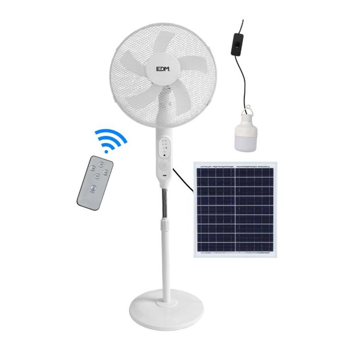 Edm Ventilador de pie solar 25W, aspas Ø40 cm, 3 velocidades, altura regulable, panel solar, blanco