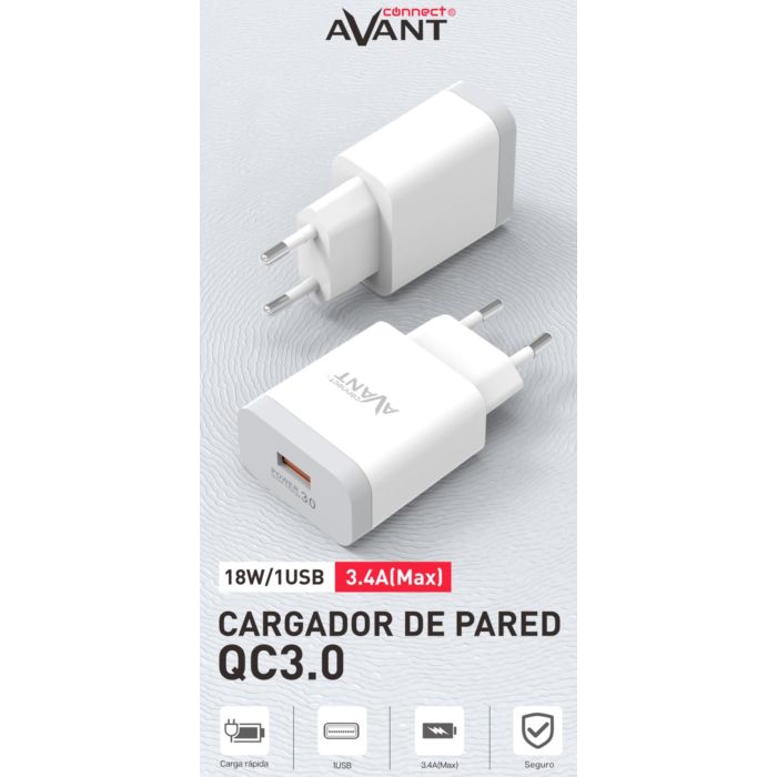 Avant Connect Adaptador de Corriente 18W QC3.0 con 1 Puerto USB, Carga Rápida