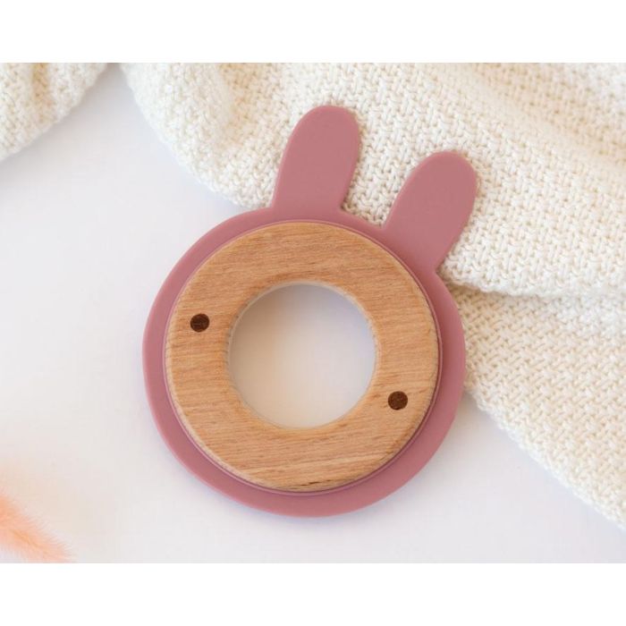 KioKids Mordedor para Bebés +3 Meses, Madera Haya y Silicona Rosa Conejito, Juguete que Alivia la Dentición y Estimula Sentidos