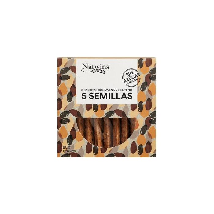 NATWINS Barritas de 5 Semillas: Chía, Lino, Sésamo, Girasol. Sin Azúcar Añadido 80g