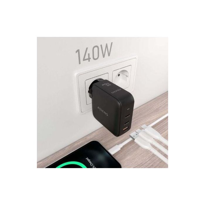 AISENS ASCH-140W3P031-BK Cargador GaN 140W para Portátiles, Móviles, Tablets. 2x USB-C PD 3.1, 1x USB-A QC 3.0. Carga Rápida Universal Negro. 4 AISENS ASCH-140W3P031-BK Cargador GaN 140W para Portátiles, Móviles, Tablets. 2x USB-C PD 3.1, 1x USB-A QC 3.0. Carga Rápida Universal Negro. 4