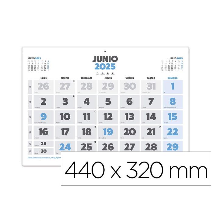 Calendario Pared Liderpapel Clasico 2025 Lomo Engomado 44x32 cm Papel 128 gr