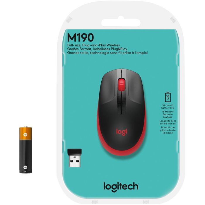 Logitech M190 Ratón Inalámbrico de Tamaño Completo, RF, Diseño Ergonómico para Manos Medianas-Grandes, Rojo, 18 Meses Batería, Seguimiento Preciso 6