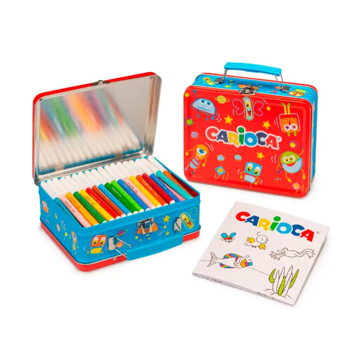 Carioca Kit Caja Metálica Rotuladores 100 Unidades Surtidas con Punta Fina y Maxipunta + Álbum para Colorear 1