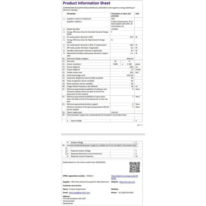 Monitor Gaming AOC U27B3A 27" 4K Ultra HD 12