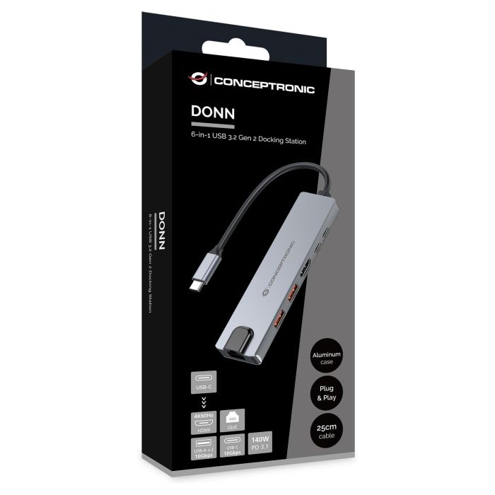 Conceptronic DONN29G Docking Station Gris USB Tipo-C, HDMI 4K@60Hz, USB 3.2 Gen 2, Gigabit Ethernet, USB PD 140W, 10Gbps Conceptronic DONN29G Docking Station Gris USB Tipo-C, HDMI 4K@60Hz, USB 3.2 Gen 2, Gigabit Ethernet, USB PD 140W, 10Gbps