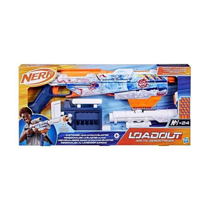 Nerf Load Out Artic Zerostriker Pistola de Juguete con 24 Dardos, Incluye Mira, Culata, Cañón y Bípode, para Niños +8 Años Nerf Load Out Artic Zerostriker Pistola de Juguete con 24 Dardos, Incluye Mira, Culata, Cañón y Bípode, para Niños +8 Años