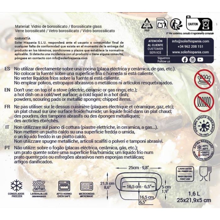 Quttin Fuente de Vidrio Cuadrada 25x22 cm 1.6L (6 Unidades) 7