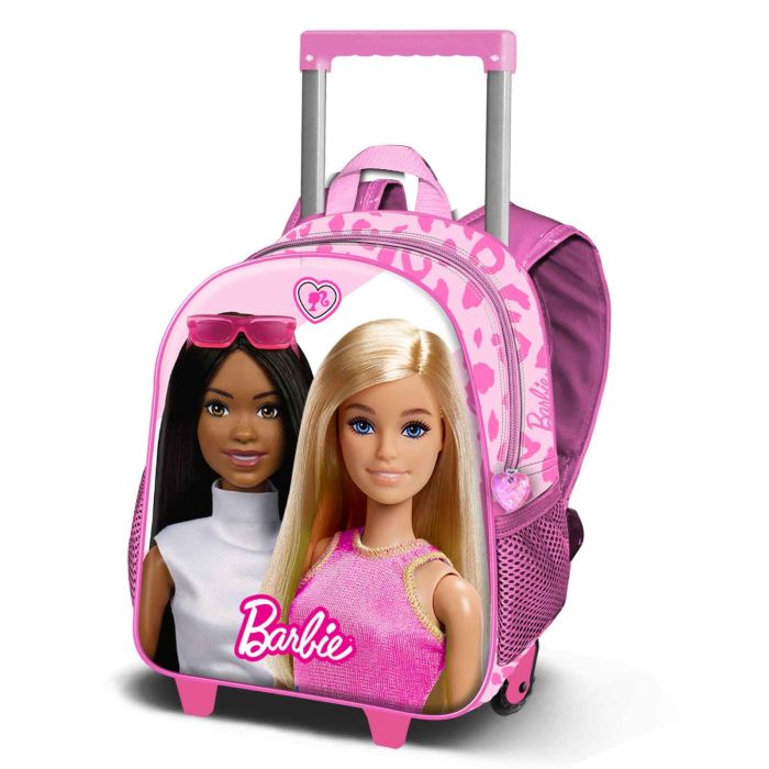Barbie Mochila 3D con Ruedas Pequeña Fashionista Rosa - Relieve Frontal 3D, Bolsillos Laterales de Malla