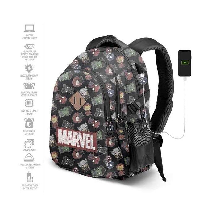 Karactermania Mochila AVENGERS Run. Plus Fan Chibi 44x34x21 cm, Gran Capacidad, 3 Compartimentos, Puerto USB 8
