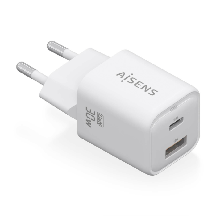 Cargador de Pared GaN Aisens ASCH-30W2P020-W/ 1xUSB Tipo-C/ 1xUSB/ 30W Cargador de Pared GaN Aisens ASCH-30W2P020-W/ 1xUSB Tipo-C/ 1xUSB/ 30W