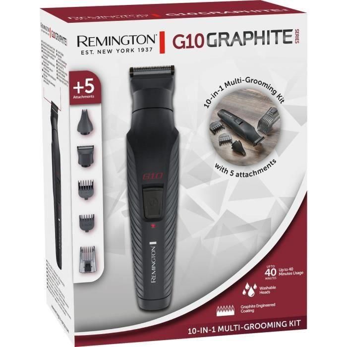 Kit multifunción - REMINGTON - Serie G10 Graphite - 10 en 1 - Cuchillas autoafilables, - Autonomía de batería 40 min - USB 1 Kit multifunción - REMINGTON - Serie G10 Graphite - 10 en 1 - Cuchillas autoafilables, - Autonomía de batería 40 min - USB 1