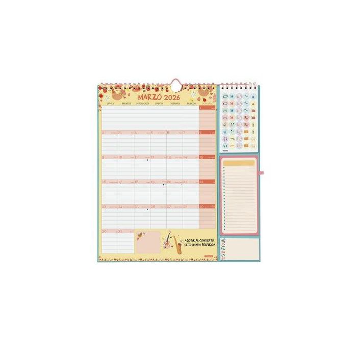 Finocam Calendario de Pared 16 Meses 215x325 mm 2025-2026, Espiral con Colgador, Pegatinas y Notas