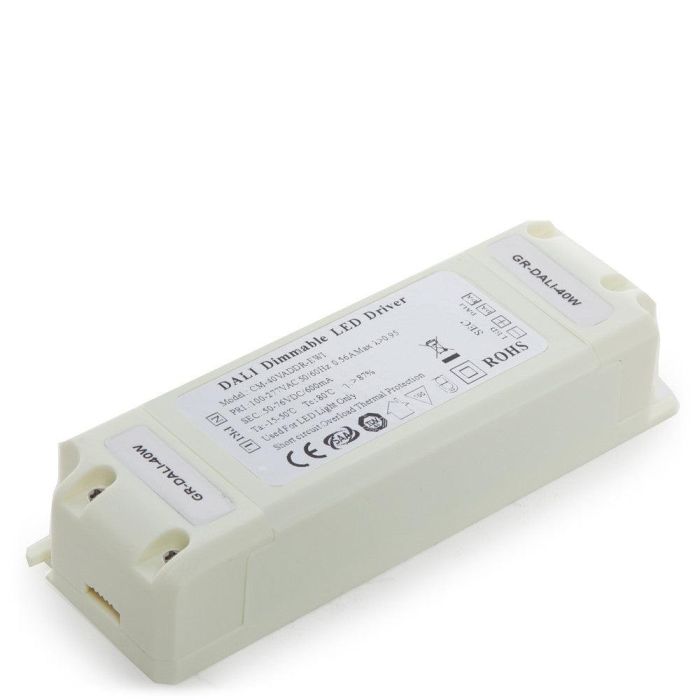 Driver LED Regulable DALI CM-40VADDR-EMI 40W, Salida 42-76V DC 600mA, Clase II, Control de Intensidad 0-100% (100-277V AC)