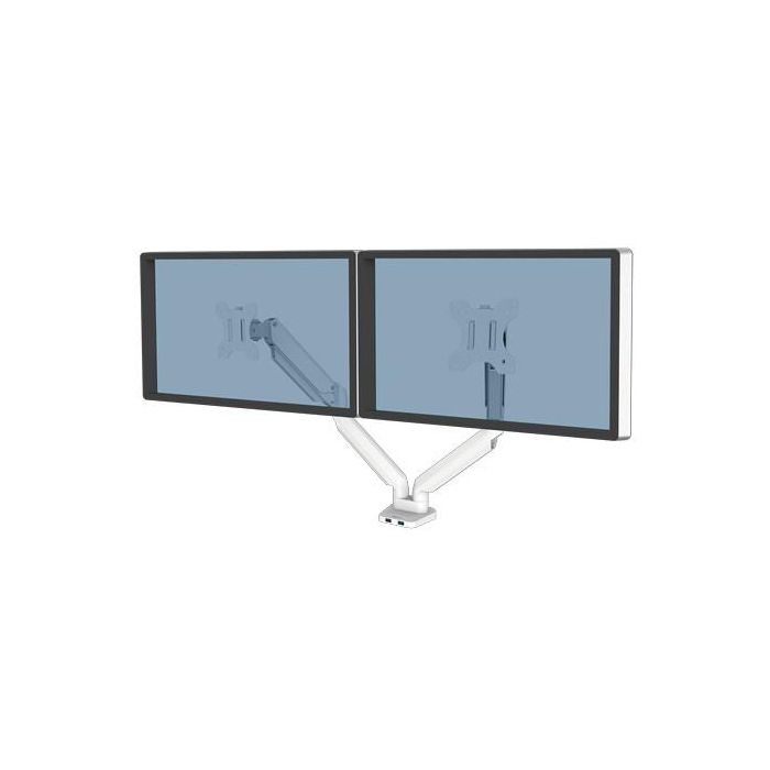 Fellowes 8056301 Soporte Brazo de Mesa Doble Platinum para 2 Monitores de 1.5-8kg, hasta 32", Muelle Gas, USB, VESA 75x75 100x100, Blanco