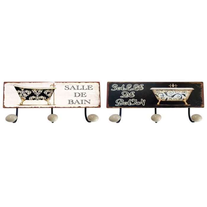 DKD Home Decor Perchero de Pared Tradicional de Metal Negro y Blanco con 3 Colgadores, 37 cm Ancho, Pack de 4 Unidades para Baño