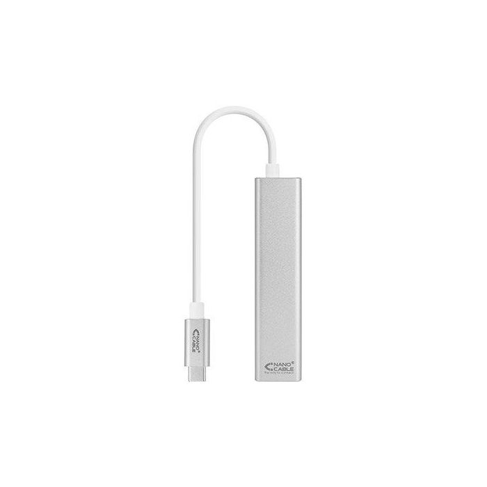 Nanocable 10.03.0404 Conversor Hub USB-C a Ethernet Gigabit RJ45 con 3 Puertos USB 3.0, Plug & Play para PC/Mac/Linux, Plata