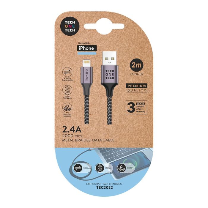 Tech One Tech Cable de datos y carga rápida nylon USB-A a Lightning 2 m gris compatible con Apple/iPhone 0 Tech One Tech Cable de datos y carga rápida nylon USB-A a Lightning 2 m gris compatible con Apple/iPhone 0