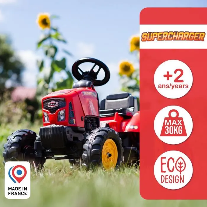 Falk Tractor de pedal Supercharger rojo 2-5 años con capó de apertura y remolque incluido 3
