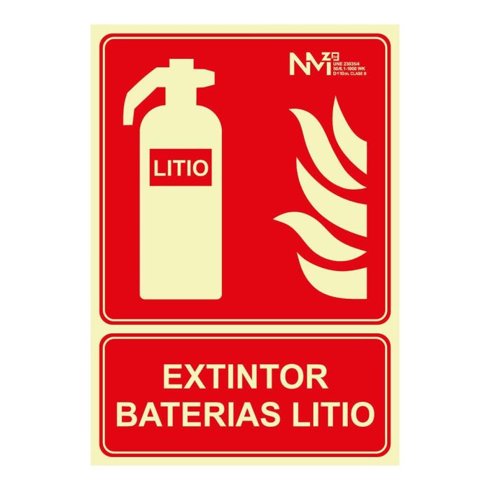 Cartel de extinción "extintor" de baterias de litio clase b (0,7 mm) 210 x 300 mm Cartel de extinción "extintor" de baterias de litio clase b (0,7 mm) 210 x 300 mm