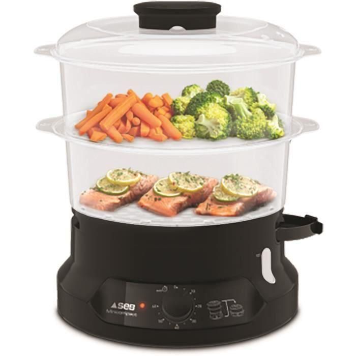 SEB VC139800 Minicompact Olla a vapor 6 L, 2 cuencos apilables, Recipiente para arroz + cereales, Temporizador 60 min, Parada automática, Compacto