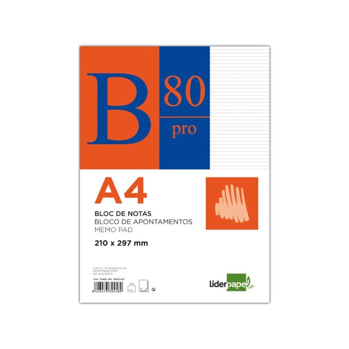 Bloc Notas Liderpapel Horizontal A4 80 Hojas 60 gr-M2 Encolado 4 Taladros 1