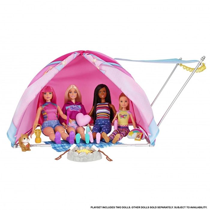 Barbie Hgc18 Set Camping con Muñecas Malibu & Brooklyn Roberts, Tienda de Campaña y Accesorios. Incluye Sillas, Telescopio, Hoguera 7