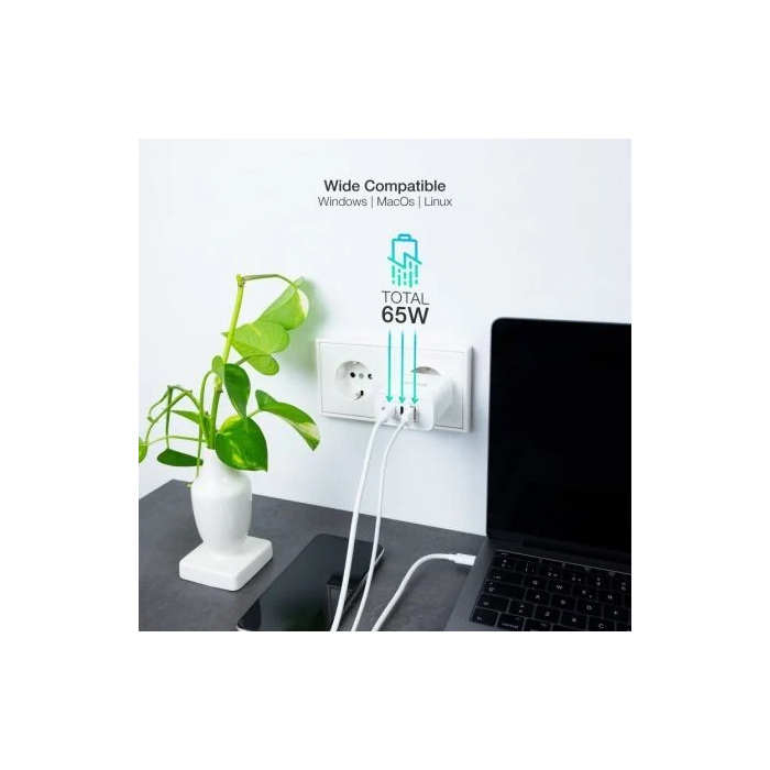 TOOQ CARGADOR DE PARED GaN 2USB-C/PD + USB-A/QC 65W 3