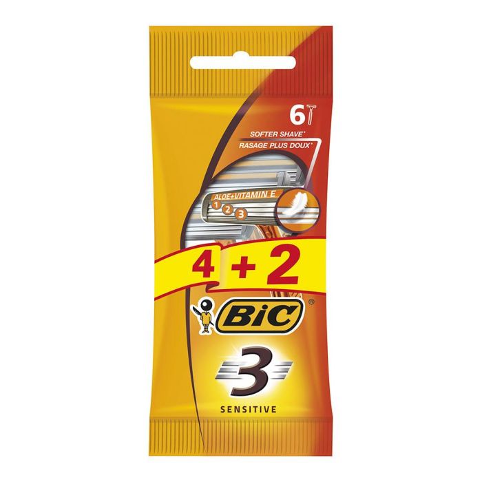Bic Maquinilla de Afeitar 3 Sensitive, para Piel Sensible, Pack Promoción 4 + 2 Unidades Extra