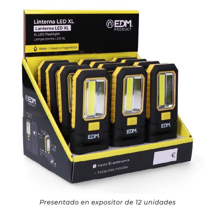 Linterna led cob 3 leds XL de 200lm. con gancho e iman 3xaaa (pilas incluidas) edm 4