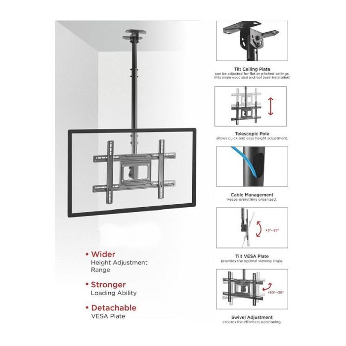 EQUIP Soporte TV Techo 650321 para Pantallas de 32"-70", 50kg, Negro, Inclinable 3