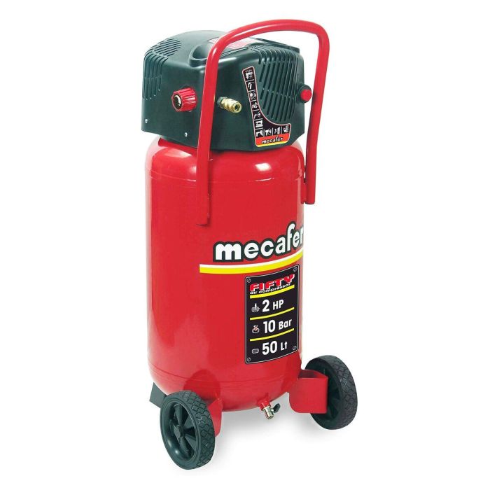 Mecafer FIFTY Compresor de aire vertical 50 L sin aceite 2 HP 10 bar para bricolaje, portátil, con ruedas y manillar 14